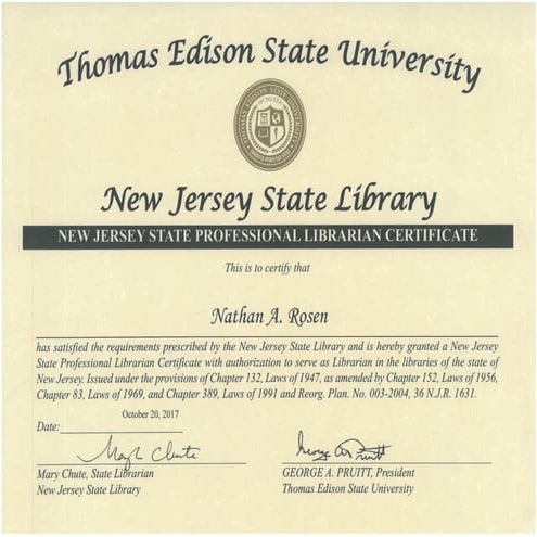 New Jersey State Professional Libarian Certificate