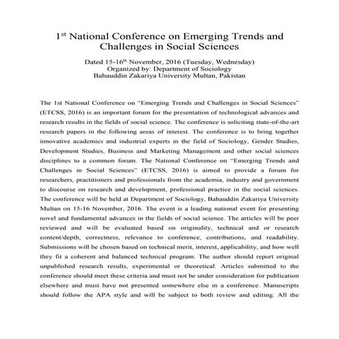 1st National conference on emerging trends and challenges in social sciences,...