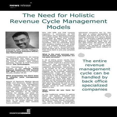 National Healthcare CFO Summit Fall 2015 - Interview with Chocko Valliappa, Founder & CEO, Vee Technologies.