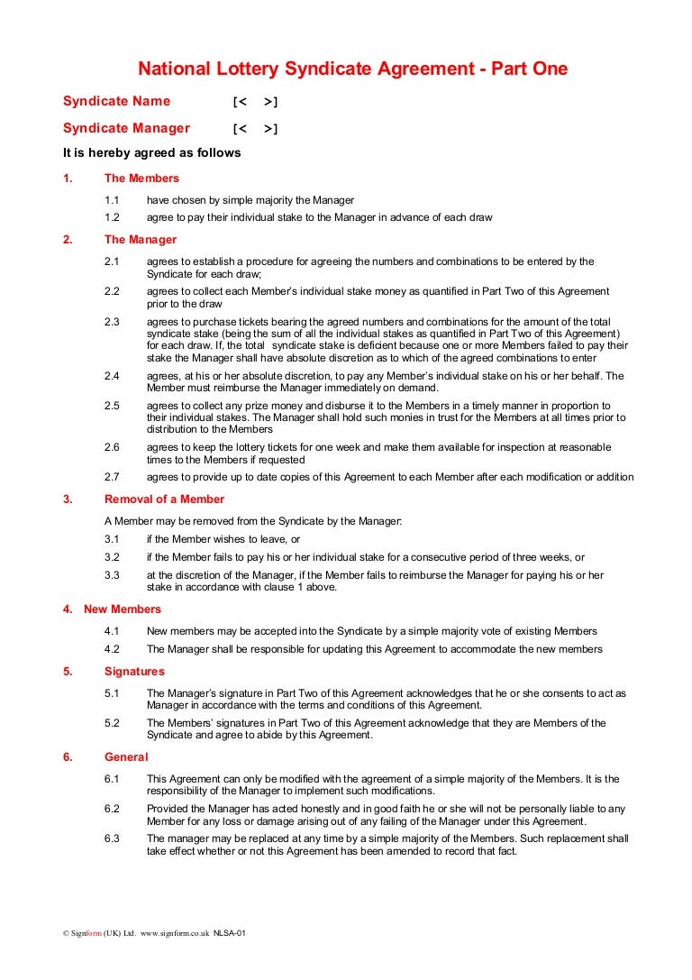 National lottery syndicate agreement