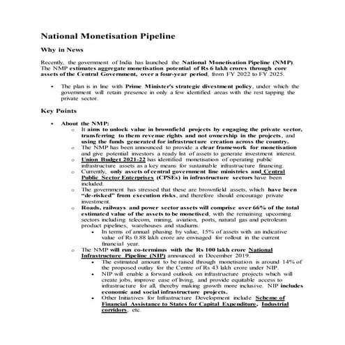 National monetisation pipeline