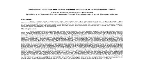 National policy for safe water supply & sanitation 1998