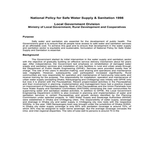 National policy for safe water supply & sanitation 1998