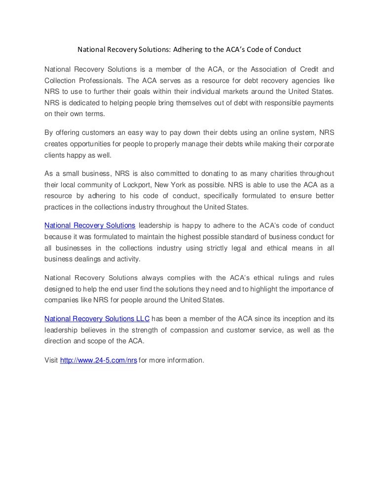 national recovery solutions llc adhering to the aca s code of condu