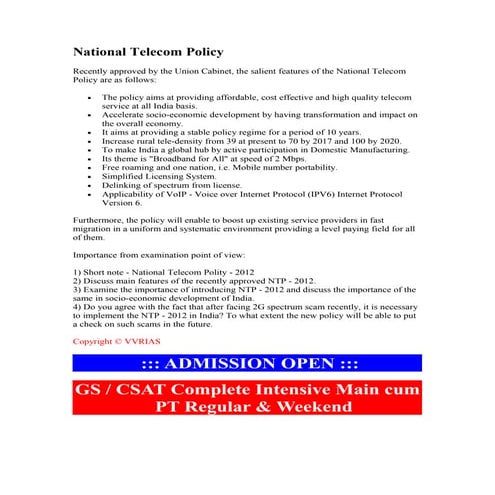 National telecom policy by vvr ias | DOC