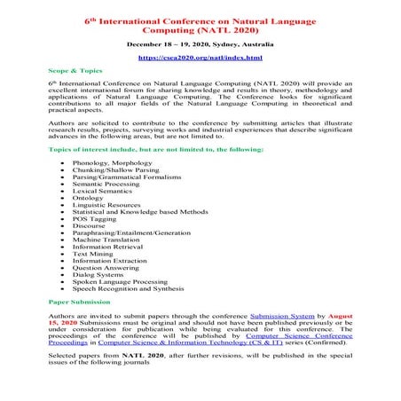 6 th International Conference on Natural Language Computing (NATL 2020)
