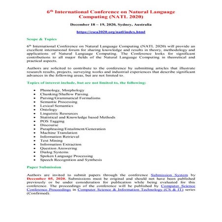 6 th International Conference on Natural Language Computing (NATL 2020)