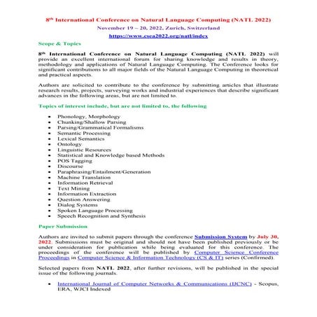 Call for Papers - 8th International Conference on Natural Language Computing ...