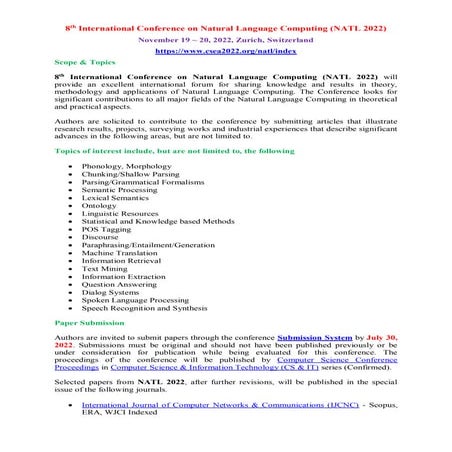 8th International Conference on Natural Language Computing (NATL 2022)