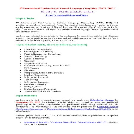 Call for Papers - 8th International Conference on Natural Language Computing ...