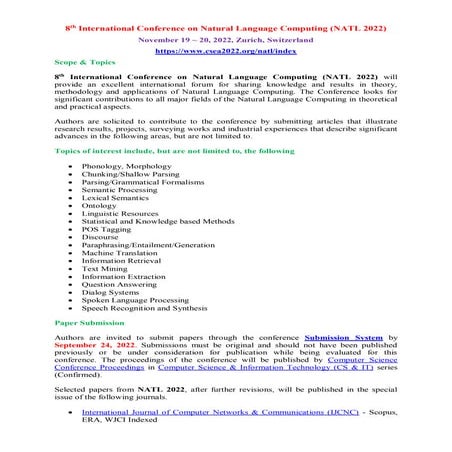 8th International Conference on Natural Language Computing (NATL 2022) 