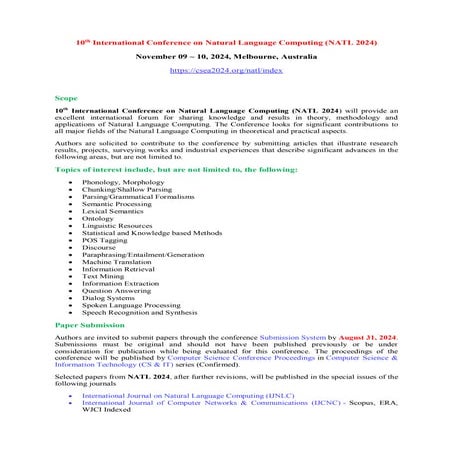 10th International Conference on Natural Language Computing (NATL 2024)