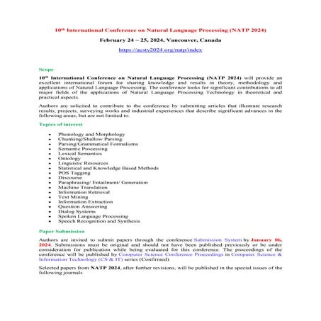 10th International Conference on Natural Language Processing (NATP 2024)