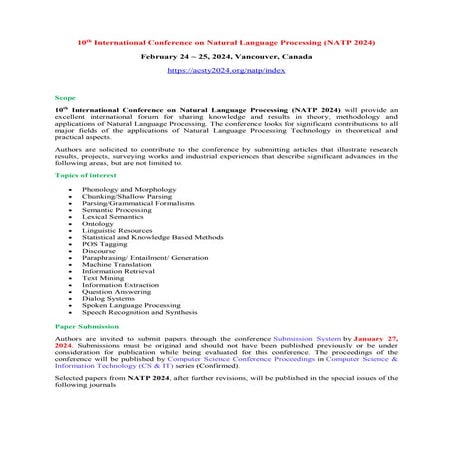 10th International Conference on Natural Language Processing (NATP 2024)