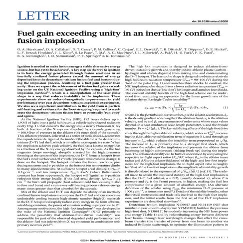 Fuel gain exceeding unity in an inertially confined fusion implosion