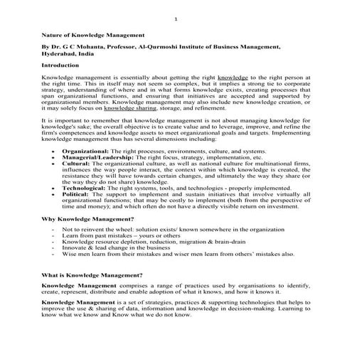 Nature of Knowledge Management, alternative views and types of knowledge 