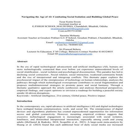 Navigating the Age of AI- Combating Social Isolation and Building Global Peac...