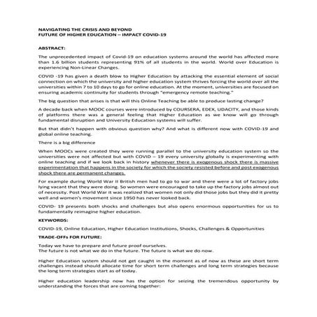 Navigating the crisis &amp; beyond. future of higher education covid 19