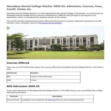 Navodaya Dental College Raichur 2024-25: Admission, Courses, Fees, Cutoff, In...