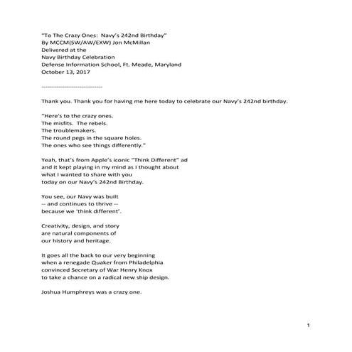 "To the Crazy Ones: Navy's 242 Birthday"