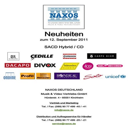 CD-Neuheiten September 2011 (Im Vertrieb der NAXOS Deutschland GmbH)
