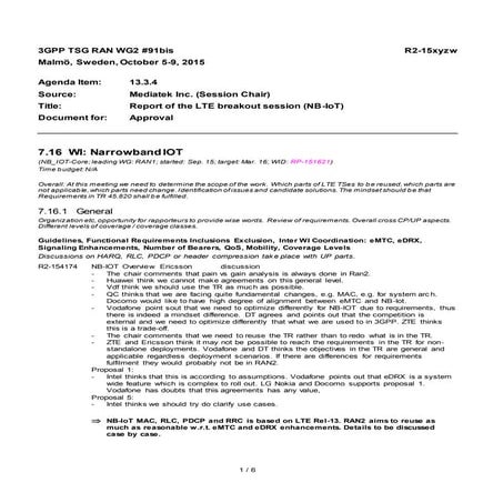 Report of the LTE breakout session (NB-IoT) by Mediatek Inc. (Session Chair)