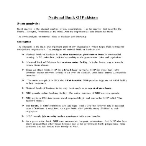 National bank of Pakistan (nbp) swot analysis