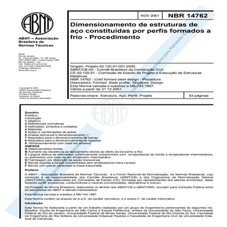 Nbr 14762 dimensionamento de estruturas de aço perfis formados a frio