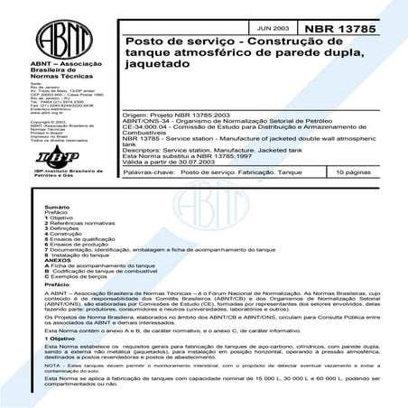Nbr 13785   2003 - posto de serviço_construcao tanque atmosferico subt em aco-carbono  parede dupla metalica ou nao-metalica