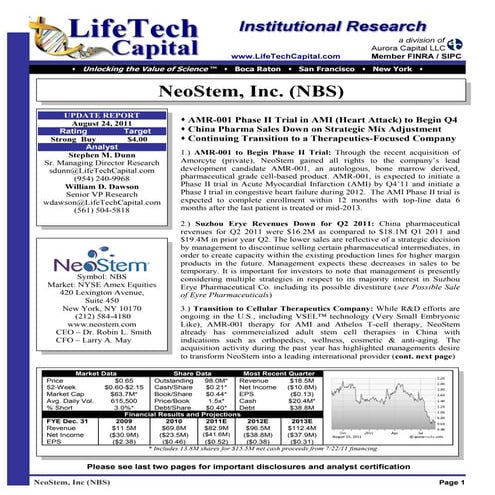LifeTech Capital Updates NeoStem (NBS) Strong Buy $4.00 Target