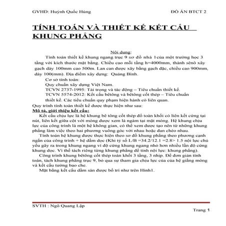 đồ áN btct 2 tính toán và thiết kế kết cấu khung phẳng