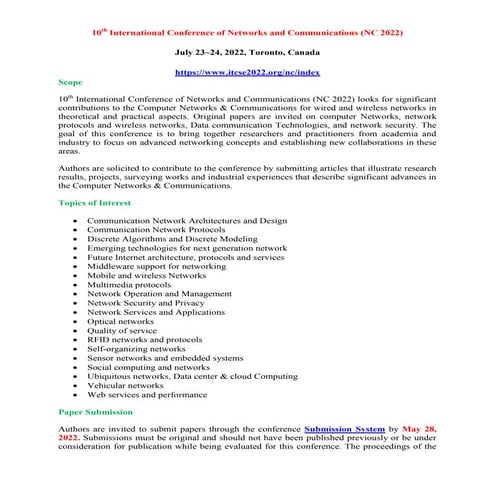 10th International Conference of Networks and Communications (NC 2022)