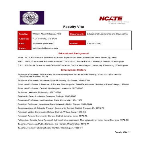 William Allan Kritsonis, PhD - NCATE VITA