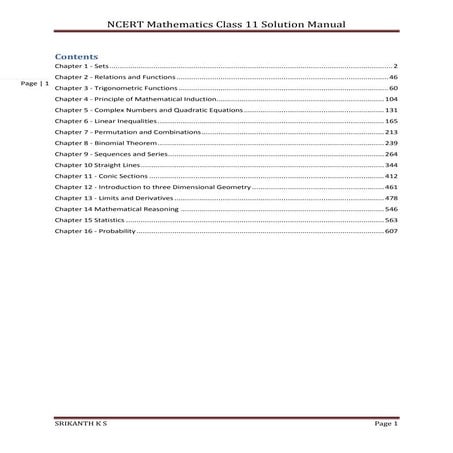 NCERT Class 11 Mathematics Solution Manual