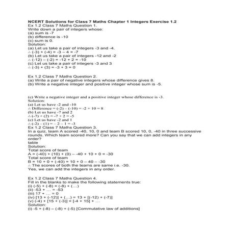 Ncert solutions for class 7 maths chapter 1 integers exercise 1.2
