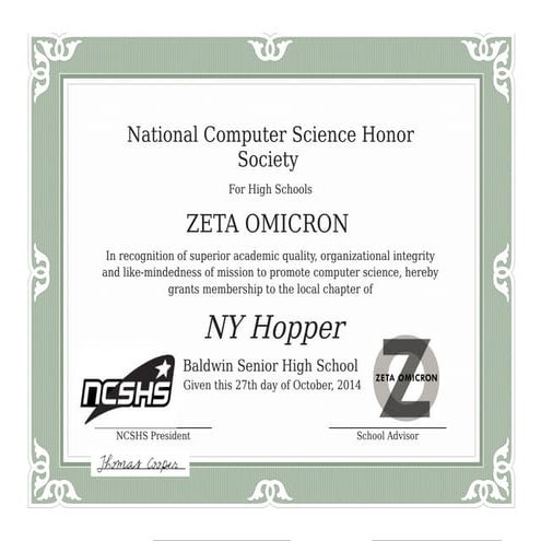 Nchs  charter certificate baldwin senior hs ny