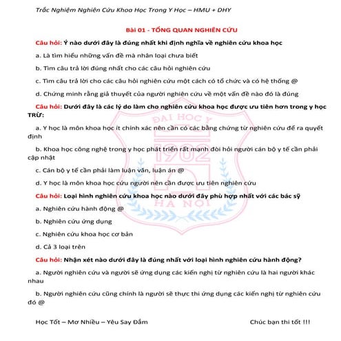 Trắc Nghiệm Nghiên Cứu Khoa Học Trong Y Học - Y Hà Nội + Y Huế