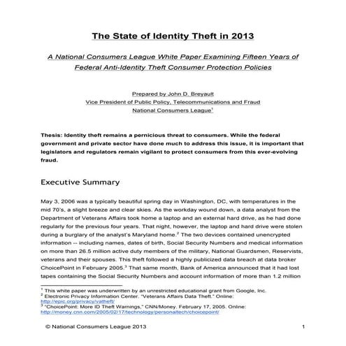 National Consumers League 2013 State of ID Theft Report