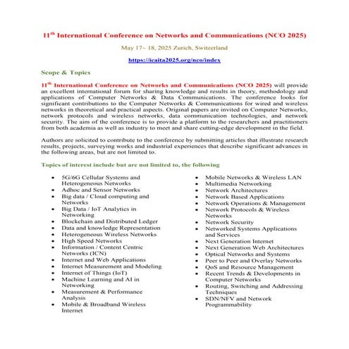 11th International Conference on Networks and Communications (NCO 2025)