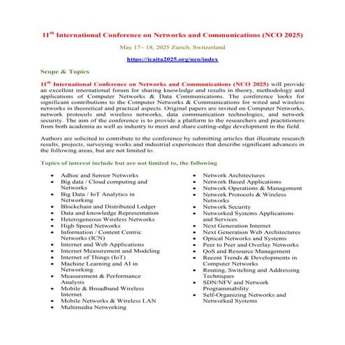 11th International Conference on Networks and Communications (NCO 2025)