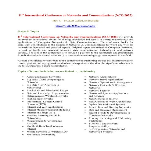 11th International Conference on Networks and Communications (NCO 2025)