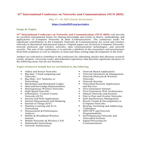 11th International Conference on Networks and Communications (NCO 2025)