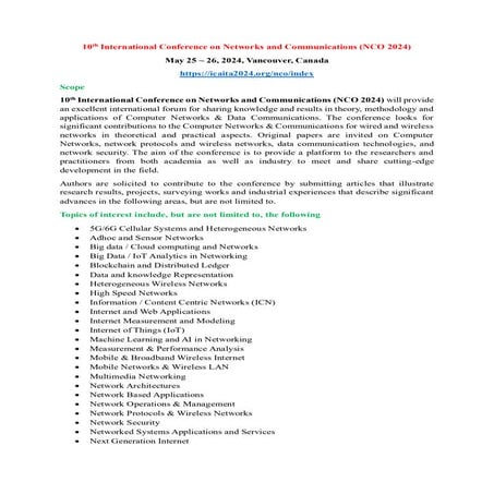 10th International Conference on Networks and Communications (NCO 2024)