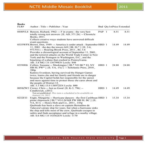 N C T E Middle Mosaic booklist