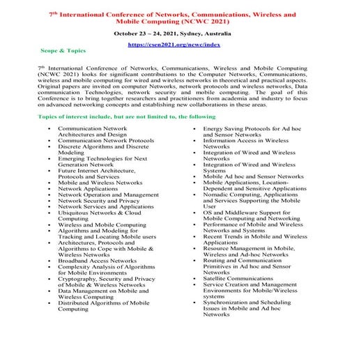 7 th International Conference of Networks, Communications, Wireless and  Mobi...