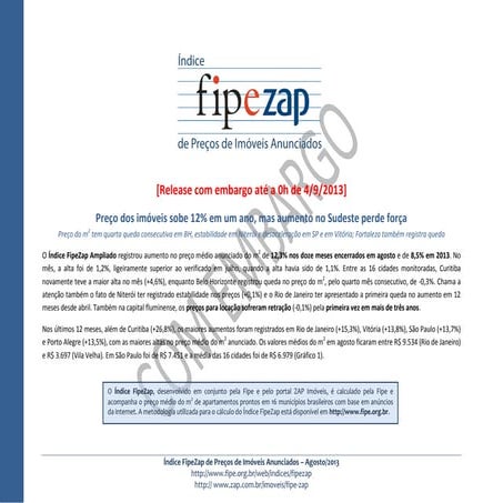 Índice FipeZap de agosto de 2013