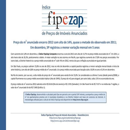 Índice FIPE ZAP  divulgação Dezembro de 2012