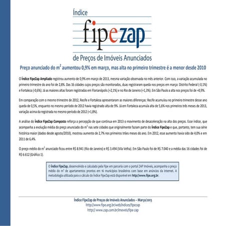 Índice FIPE ZAP  divulgação Março de 2013