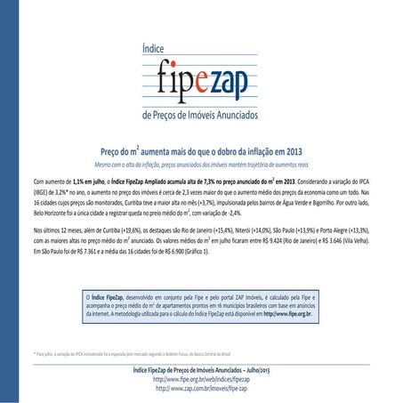 Índice FIPE ZAP divulgação Julho de 2013