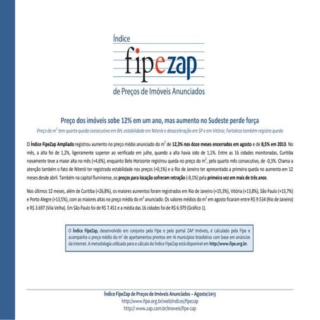 Índice FIPE ZAP divulgação Agosto de 2013